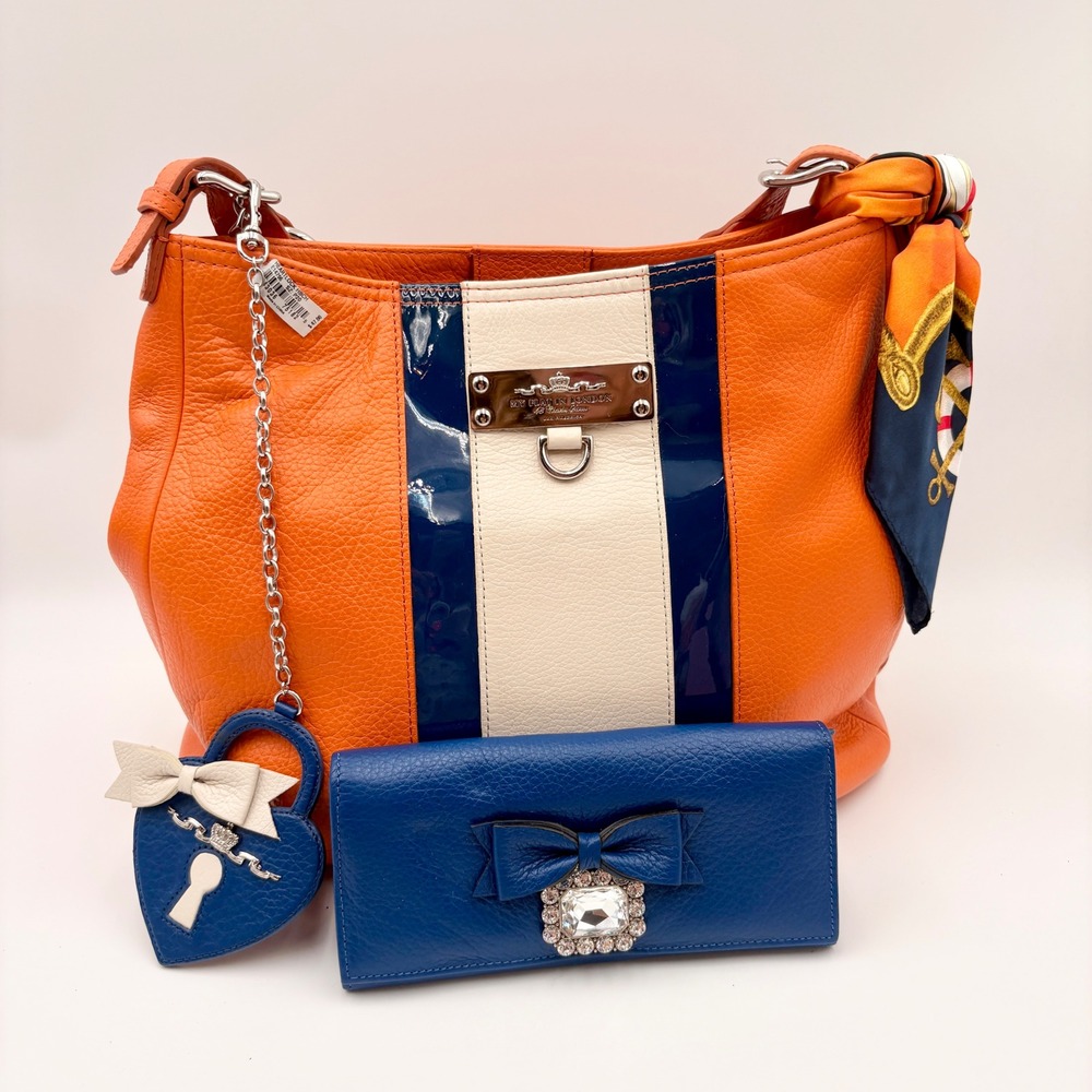 My Flat In London Eaton Orange Leather Nautical Hobo Bag Scarf & Bow Wallet Set